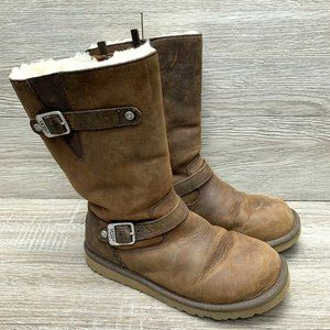 UGG Kensington Women Tall Sheepskin Shearling Winter Boots Brown Leather Sz 5